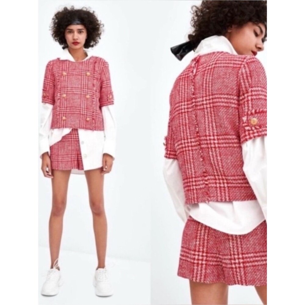 Zara Red Tweed Short Set with Gold Buttons Size Medium